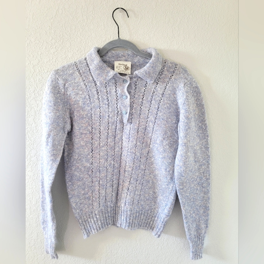 Vintage Shetland for The Edinburgh Woollen Mill Button Collar Blue Sweater